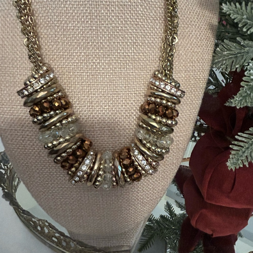 Gold and Brown Statement Necklace with Crystal Embellishments